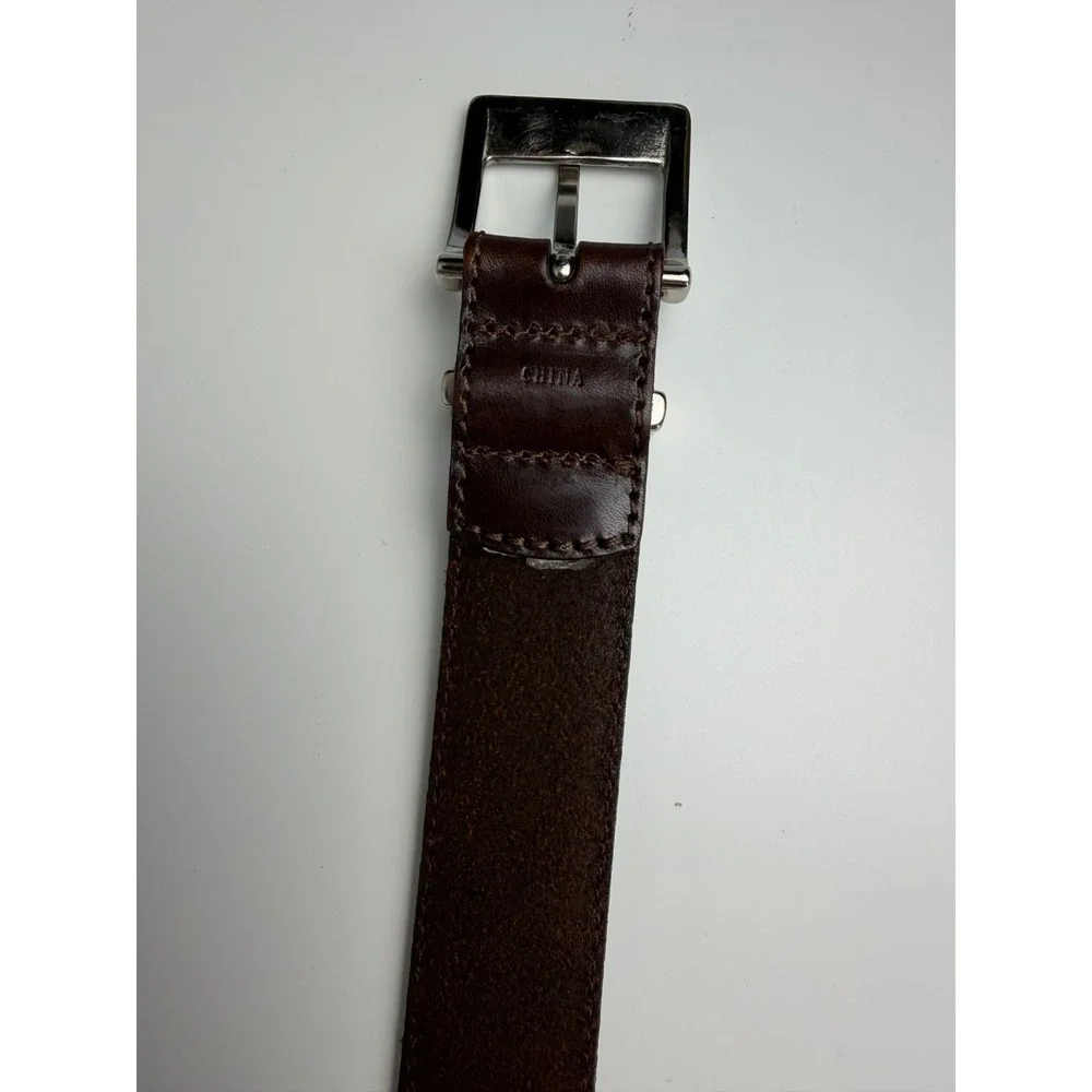 Mens Genuine Leather Belt 38 Brown Silver Buckle Metal Tip Dress Casual 44in